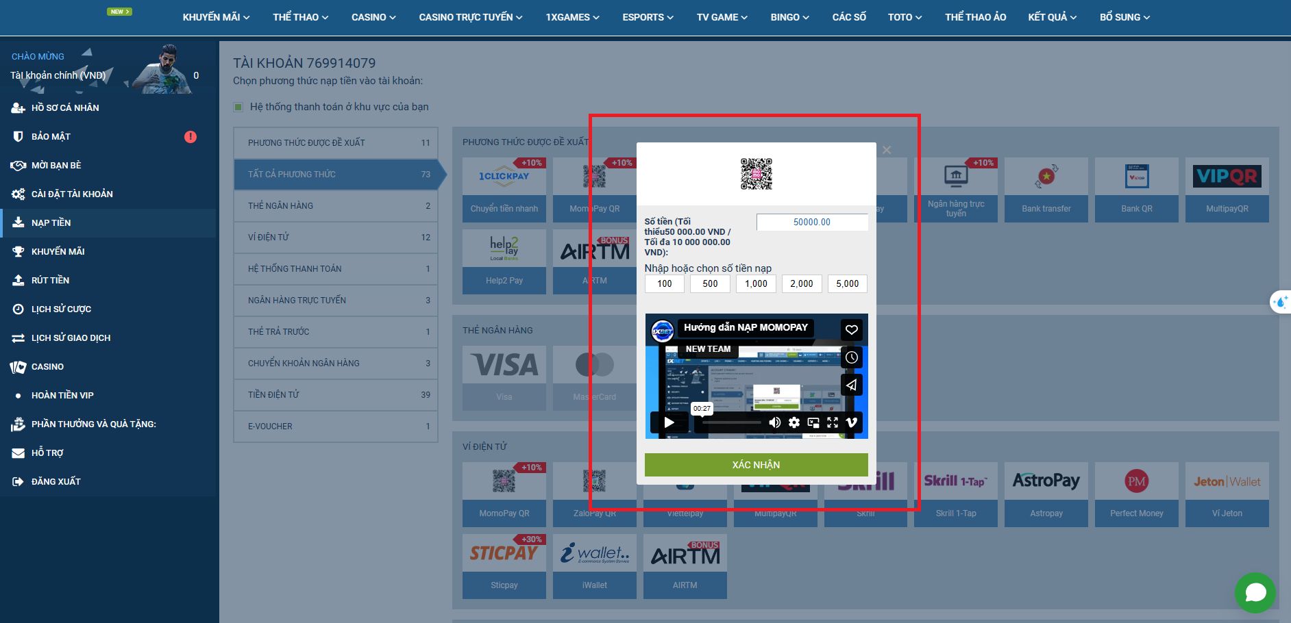 Thông tin chi tiết về khoản tiền gửi từ sòng bạc 1xBet