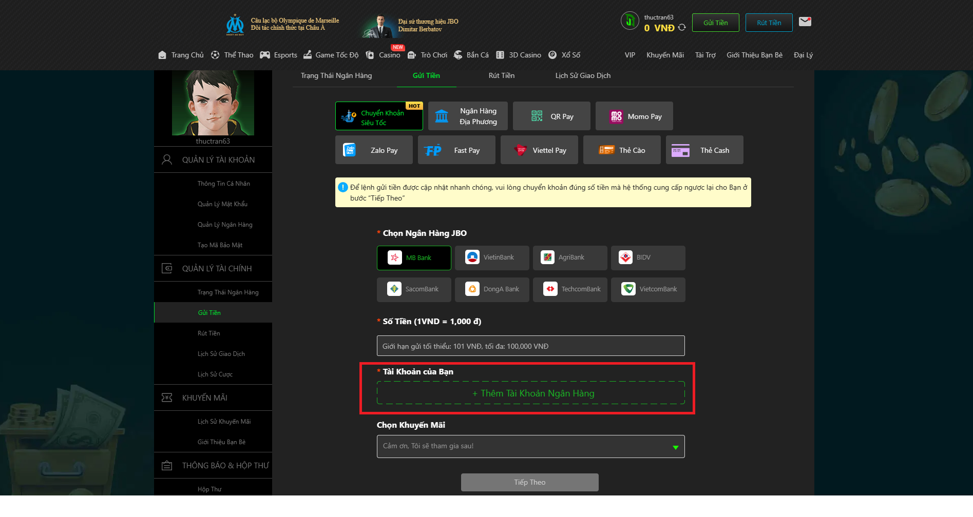 Gửi tiền vào JBO Casino