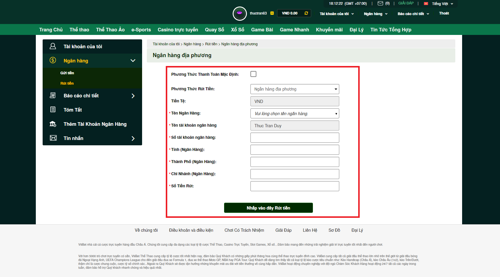 Nhập dữ liệu để rút tiền