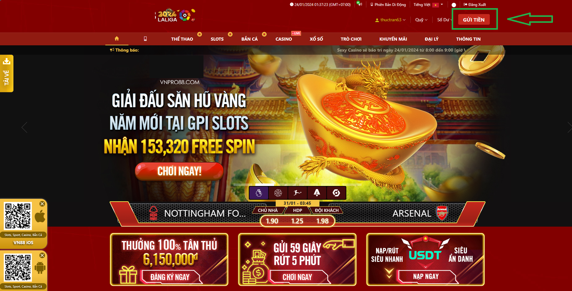 Hướng dẫn gửi tiền vào VN88