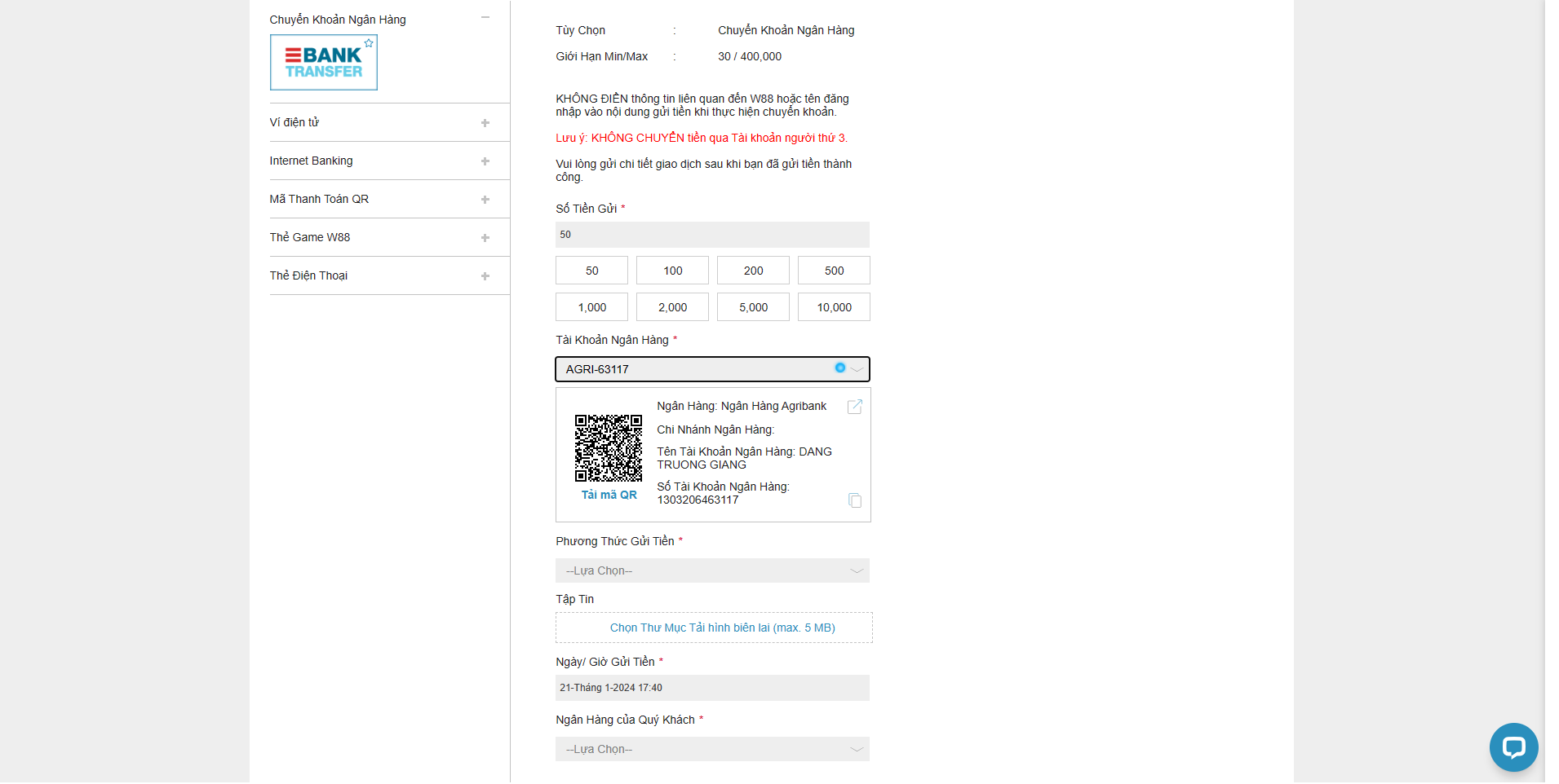 Các phương thức gửi tiền W88 phổ biến dành cho người chơi Việt Nam
