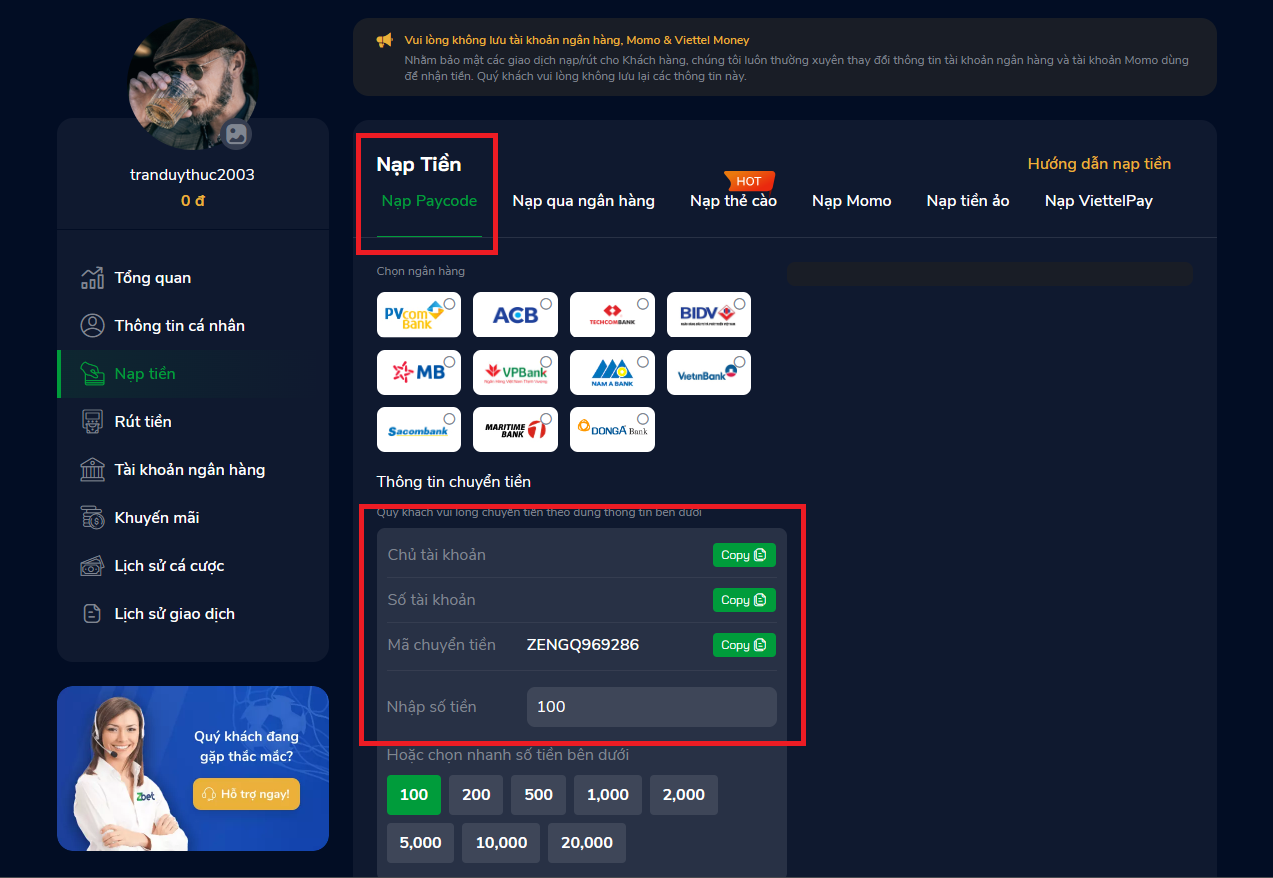 Dễ dàng gửi và rút tiền về tài khoản của bạn từ nhà cái ZBET
